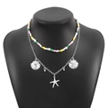Collier à plusieurs rangs de style océan avec perles colorées et breloques étoile de mer - Collier Double Couche Argenté Perles Colorées Étoile de Mer Coquillage (N11903)