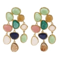 Detail of colorful resin tassel earrings with gold metal frames in bohemian style - Colorful
