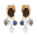 Detailed close-up of retro multi-pendant earring with pearl, gemstone and metallic charms - Vintage Dangle Earrings (E13226)