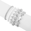 Detail of five-piece set beaded bracelets featuring silver cross and white faux pearls - Silver