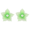Detalle de pendientes de flores de malla verde claro con perla y bordes plateados finos - Flor de Cinco Pétalos de Gasa y Perla (E13577) / Verde claro