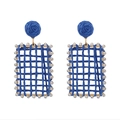 Detail of blue raffia woven earrings with golden frame and sparkling crystal accents - Sapphire Blue