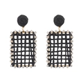 Detailed view of raffia earrings with golden rhinestone frames and black rose studs - Black
