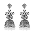 Close-up of vintage silver Jhumka earrings with floral rhinestones and white bead tassels - Flower (E13624) / Flower Artificial Pearl Silver