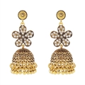Detail of vintage Indian Jhumka gold earrings with flower stud and bell tassel - Flower Rhinestone Gold