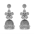Macro detail of vintage silver bell earrings with rhinestone flowers and metallic beads - Flower (E13624) / Flower Rhinestone Silver
