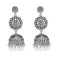 Detail of vintage silver Jhumka earrings with ethnic floral patterns and white bead tassels - Round Artificial Pearl Silver