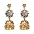 Detailed macro view of vintage golden bell Jhumka earrings with sparkling rhinestones - Round Rhinestone Gold