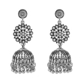 Close-up of vintage silver Jhumka earrings with bohemian floral rhinestones and bells - Round Rhinestone Silver