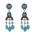 Ethnic bohemian turquoise tassel drop earrings in vintage antique silver style - E13609