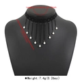 Detailed view of Gothic black lace choker necklace with pearls and metal fringe tassels - Black