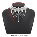 Detailed view of white floral lace choker with silver chains, pearls and size specs - White