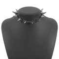 Detail view of gothic black metal spike necklace with punk style rivet chain links - Gun Black