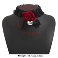 Close-up of gothic lace choker featuring a red rose, black bow, and silver bell charm - Gothic Lace Red Rose Silver Metal Bell Style (N12802)