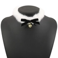 Detailed view of white faux fur choker with black velvet bow and golden bell pendant - Black