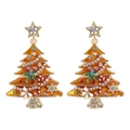 Detail of Christmas tree earrings with colorful rhinestones and festive enamel patterns - Yellow