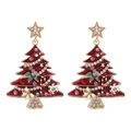 Macro detail of Christmas tree earrings with red enamel, rhinestones and festive charms - Red