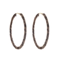 Detail view of large gold-tone hoop earrings with brown leopard print faux fur texture - Dark Leopard Large Hoop