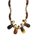 Retro acrylic beaded necklace with gold metal links and translucent amber brown pendants - Amber