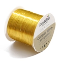 Detailed close-up of 0.2mm gold copper jewelry wire wound on a white plastic spool - Thickness 0.5mm approx 110m/roll / Gold