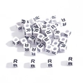 Square white acrylic beads with black letter R for DIY jewelry and bracelets - 6x6mm (3.5mm Hole) 100 Pieces/Pack / Letter Bead R