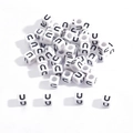 White square acrylic cube bead with black letter U for DIY jewelry making - 6x6mm (3.5mm Hole) 100 Pieces/Pack / Letter Bead U