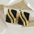 Retro geometric black enamel earrings with gold textured rectangle design for women - Black