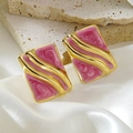 Vintage gold-plated rectangular earrings with pink enamel drip oil and wavy texture - Pink
