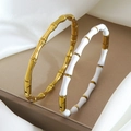 Bamboo style 18k gold plated stainless steel bangles set with white enamel inlay - Gold and White