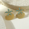 Golden seashell stud earrings with light blue starfish enamel in ocean holiday style - Blue Enamel Starfish Shell Style (FYD6224EH) / Blue