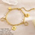 Gold stainless steel bracelet with lucky tag and geometric hollow flower charms - Flower Bracelet