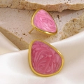 304 stainless steel gold stud earrings with pink marble enamel inlay in waterdrop shape - Pink