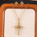Golden beaded cross jewelry set including a pendant necklace and matching stud earrings - Round Bead Spliced Rhinestone Cross Set (MY540+MY533)
