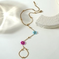 Detail of gold chain bracelet with colorful flowers and adjustable lobster clasp - Purple Blue Style (BG040-purple-blue)