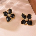 French vintage titanium steel floral stud earrings with black enamel and gold finish - Black