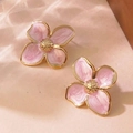 French vintage floral titanium steel earrings with pink drip glaze and golden petals - Pink