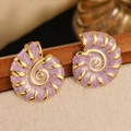 Detail of seashell earrings with golden frame and purple marbled enamel textures - Stainless Steel Conch Earrings / Purple