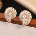 Golden seashell nautilus earrings with white enamel and pearl accents for beach parties - White (FYD6150EH-white)