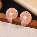 Pink enamel conch earrings with gold trim and white pearl accent in sea shell design - Red (FYD6150EH-red)