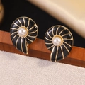 Chic nautilus shell stud earrings with black enamel, gold trim and white pearl accents - Black (FYD6150EH-black)