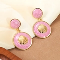 Detail view of pink enamel drop earrings with golden seashell relief and double rings - Pink (FYD6178EH-pink)