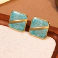 Square mint green marble enamel stud earrings in gold stainless steel setting - Blue