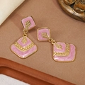 Elegant 304 stainless steel geometric drop earrings with pink marble enamel and gold finish - Pink