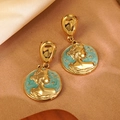 Vintage French 304 stainless steel drop earrings with green enamel and gold embossed portraits - Blue
