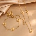 Elegant gold stainless steel clover jewelry set with necklace bracelet and stud earrings - Necklace+Bracelet+Earrings