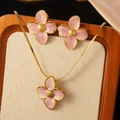 Pink enamel flower jewelry set with golden snake chain necklace and stud earrings - Necklace + Earrings Set (FYD6111XL+FYD6111-pink)