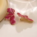 Modern gold-edged flower earrings with magenta marble enamel petal details - Red
