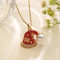 Detail of red enamel Christmas hat necklace with gold snowflake and white pearl - Red Pearl Santa Hat Style(FSY065XL)