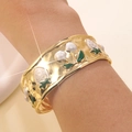 Gold stainless steel open cuff bracelet with red strawberry and cherry enamel motifs - White Style (FYD6208SZ-white)
