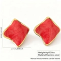 Detail view of red enamel geometric square earrings with size and weight dimensions - Red